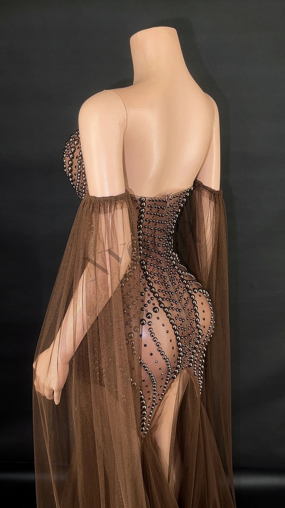 Rhinestone & Pearl Off-Shoulder Sheer Illusion Long Dress Gala Evening Costume