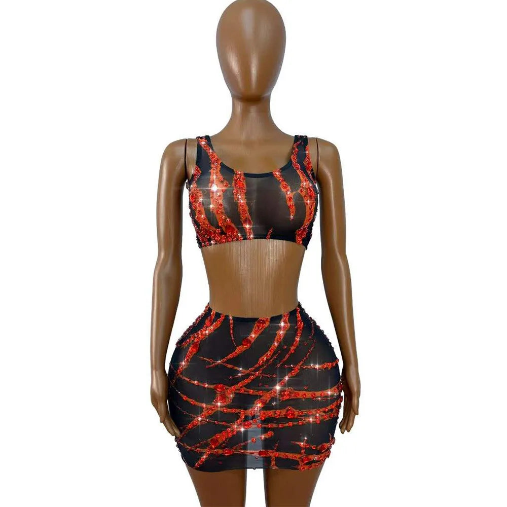 Women's Rhinestone Mesh Dress Set | Shining 2-Piece Stage Costume for Singer, Dancer & Party