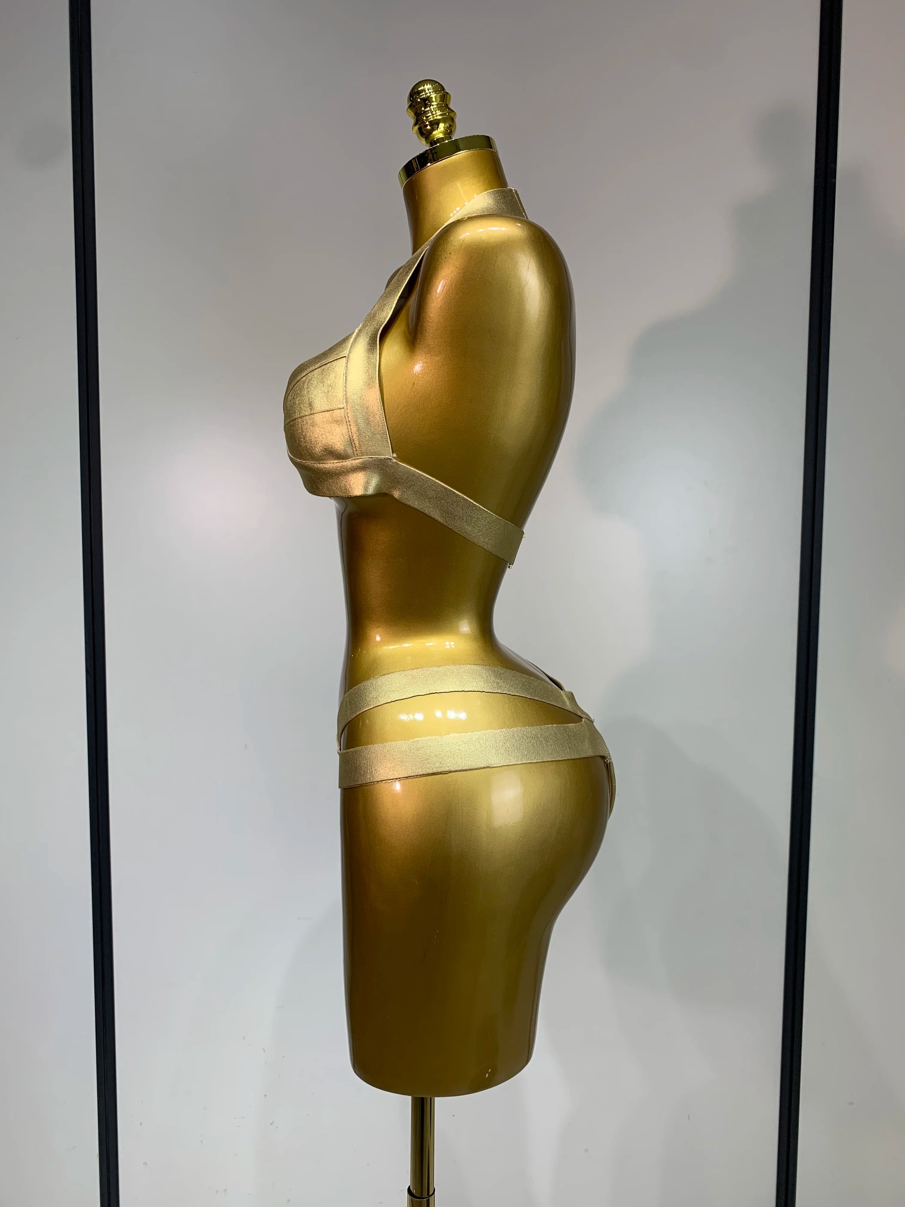 Gold Knitted Halter Bandage Two-Piece Set Stage Performance Costume Outfit