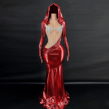 Liquid Metallic Hooded Maxi Gown Backless Cutout Floor-Length Stage Dress