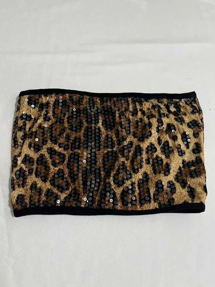 Sequined Top & High-Waist Leopard Print Shorts 2-Piece Gogo Dance Set