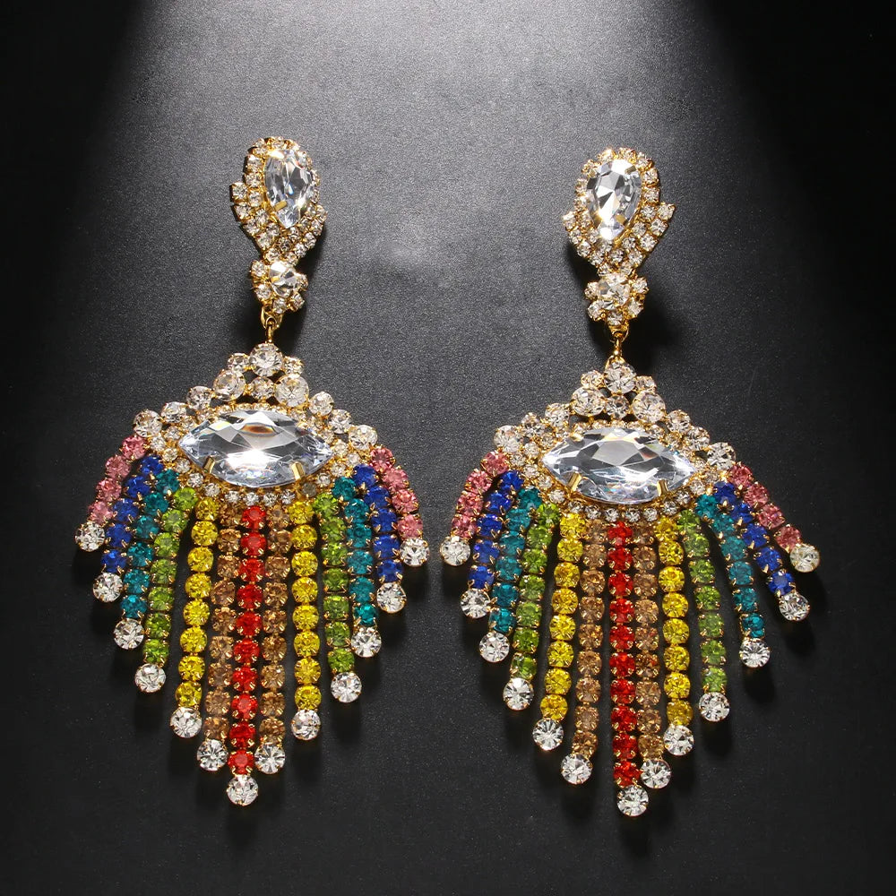 Rainbow Rhinestone Fringe Drop Earrings