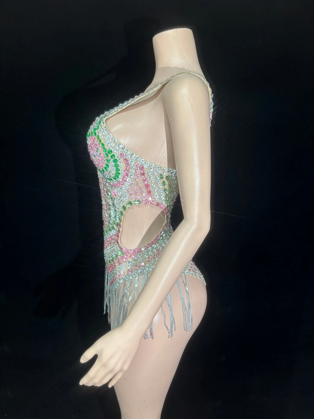 Sparkly Silver Rhinestone Tassel High-Cut Stage Bodysuit Dance Performance Leotard