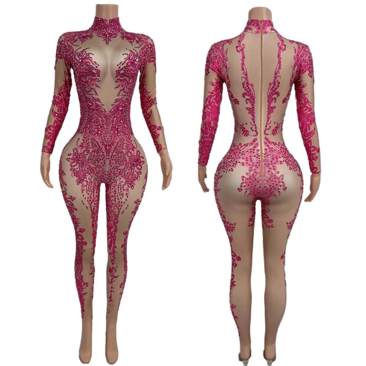 High Neck Crystal Appliqué Illusion Bodysuit