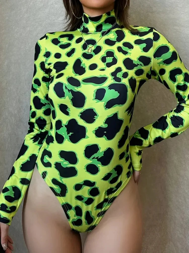 Neon Green Leopard Print Long Sleeve Bodysuit Sexy Stand Collar Stage Wear