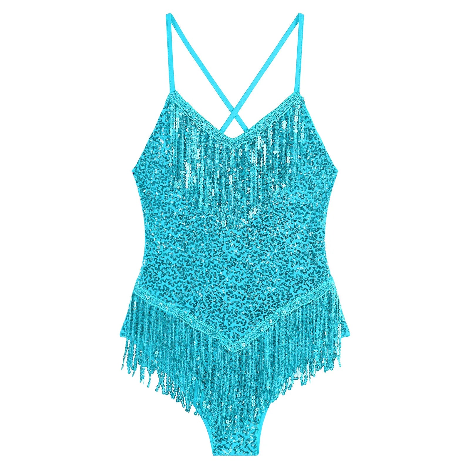 Sequins Fringed Cross Back Latin Dance Leotard Sleeveless V-Neck Bodysuit