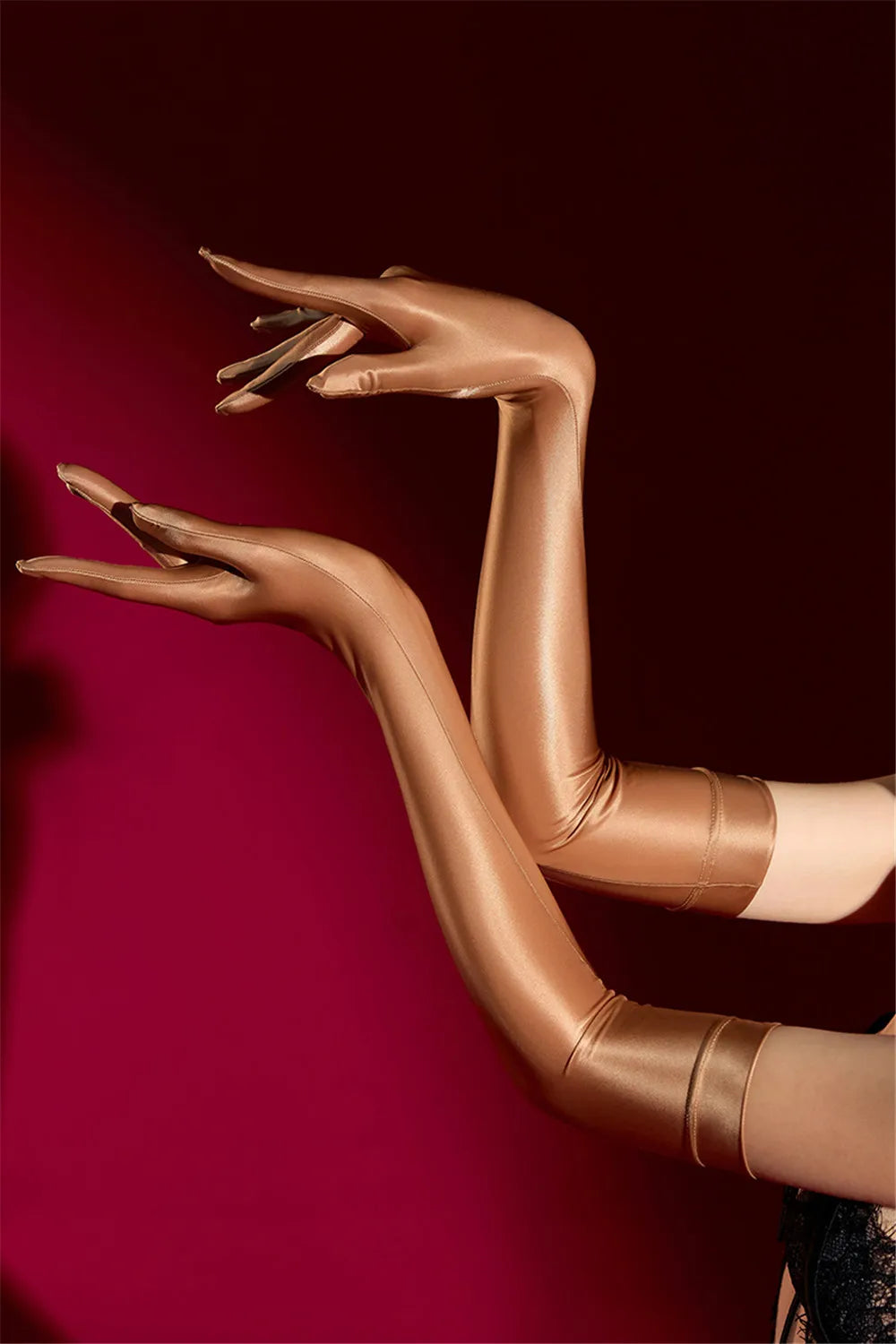 Oil Glossy Satin Smooth Five-Finger Long Elbow Gloves High-Stretch Luxury Evening Gloves