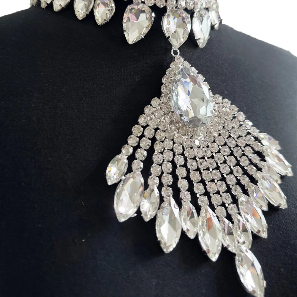 Oversized Crystal Rhinestone Tassel Choker & Earrings Drag Queen Jewelry Set