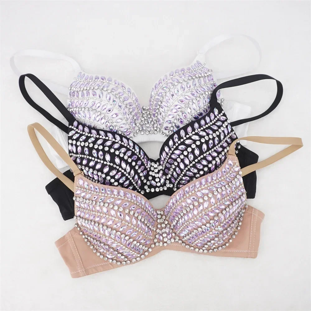 Sparkly Rhinestone Push-Up Bra Corset Top Showgirl Stage Performance Bustier