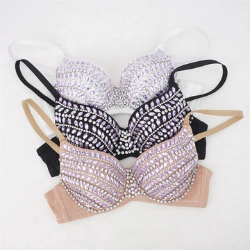 Sparkly Rhinestone Push-Up Bra Corset Top Showgirl Stage Performance Bustier