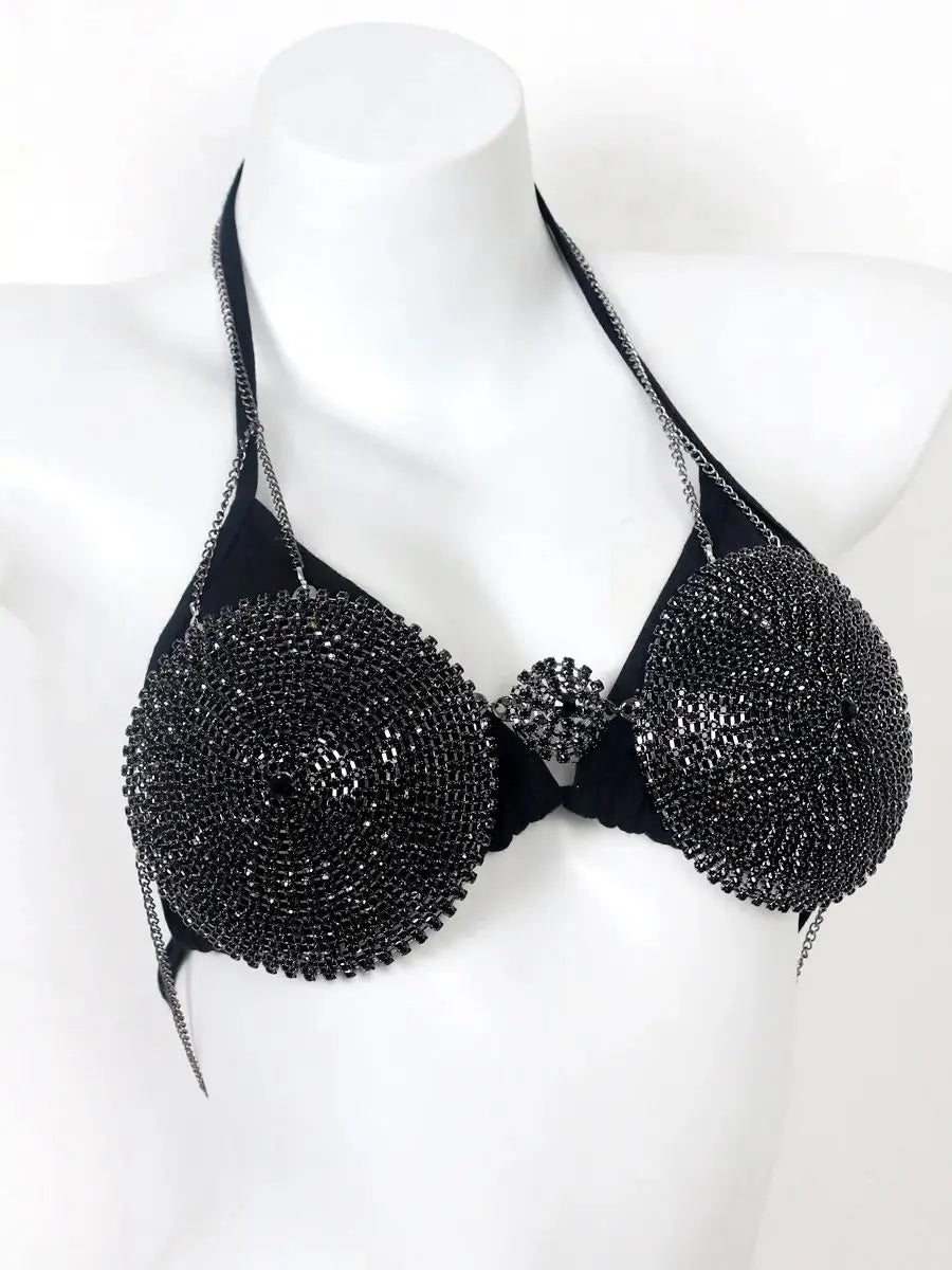 Black Rhinestone Circle Bra Body Chain