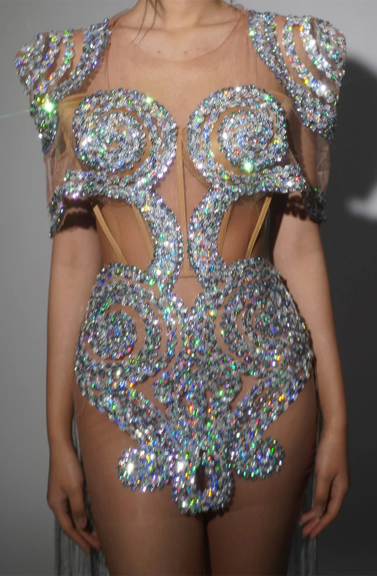 Sparkly Silver Rhinestone Sheer Cape Dress Stage Costume