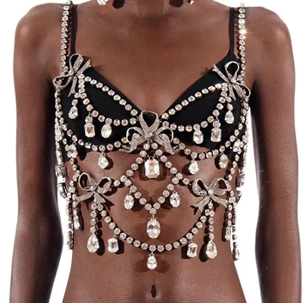Oversized Glass Crystal Chest Chain Lingerie Vest Drag Queen Stage Body Jewelry