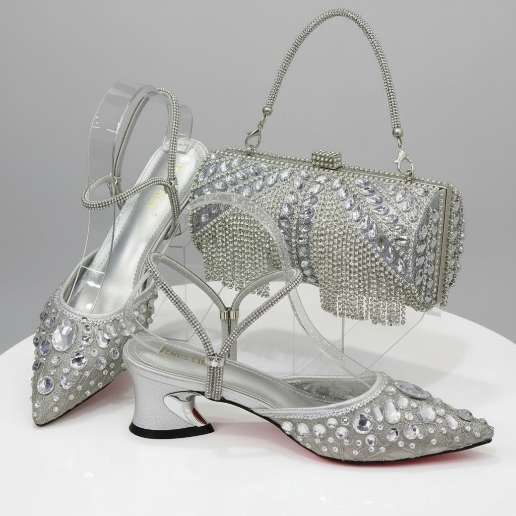 High Quality Rhinestone Low Heels and Bag Set