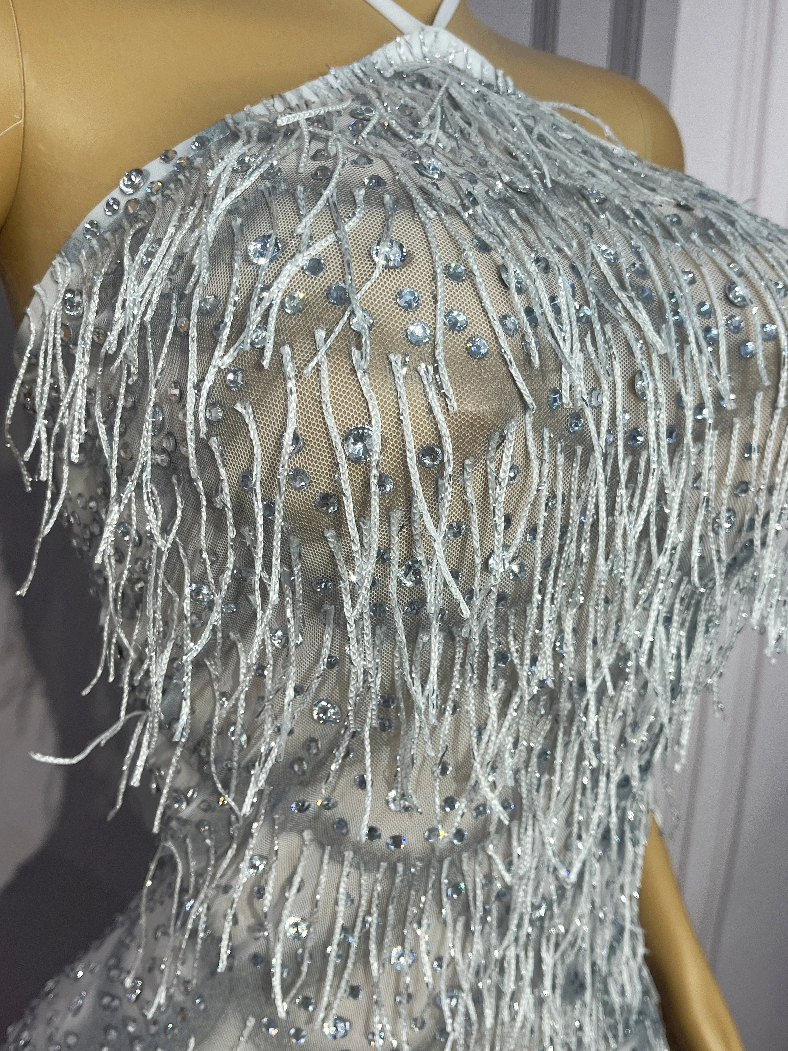 Silver Rhinestone Tassel Backless Stage Performance Mini Dress Party Gown