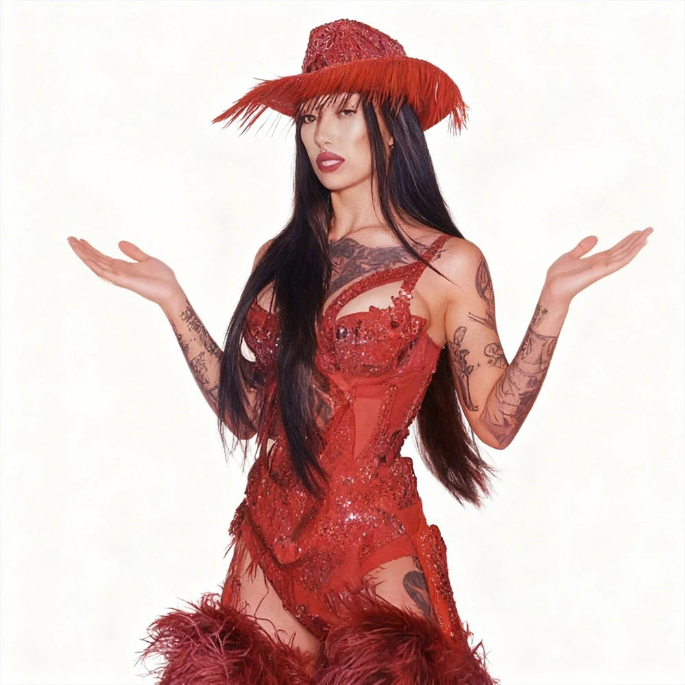 Crimson Red Crystal Corset Bodysuit, Feather Trailing Skirt & Cowgirl Hat 3-Piece Stage Costume Set