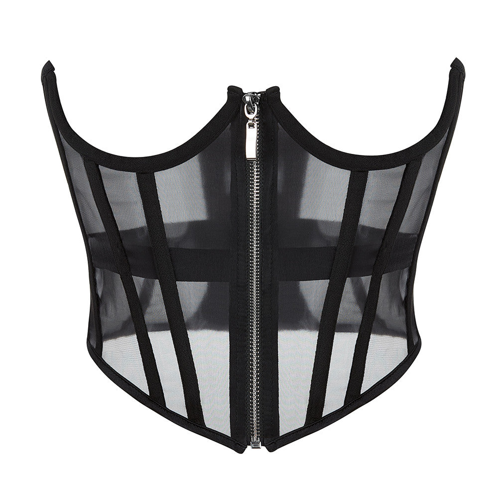 Transparent Sheer Mesh Underbust Corset Zipper Front Boned Waist Cincher Top