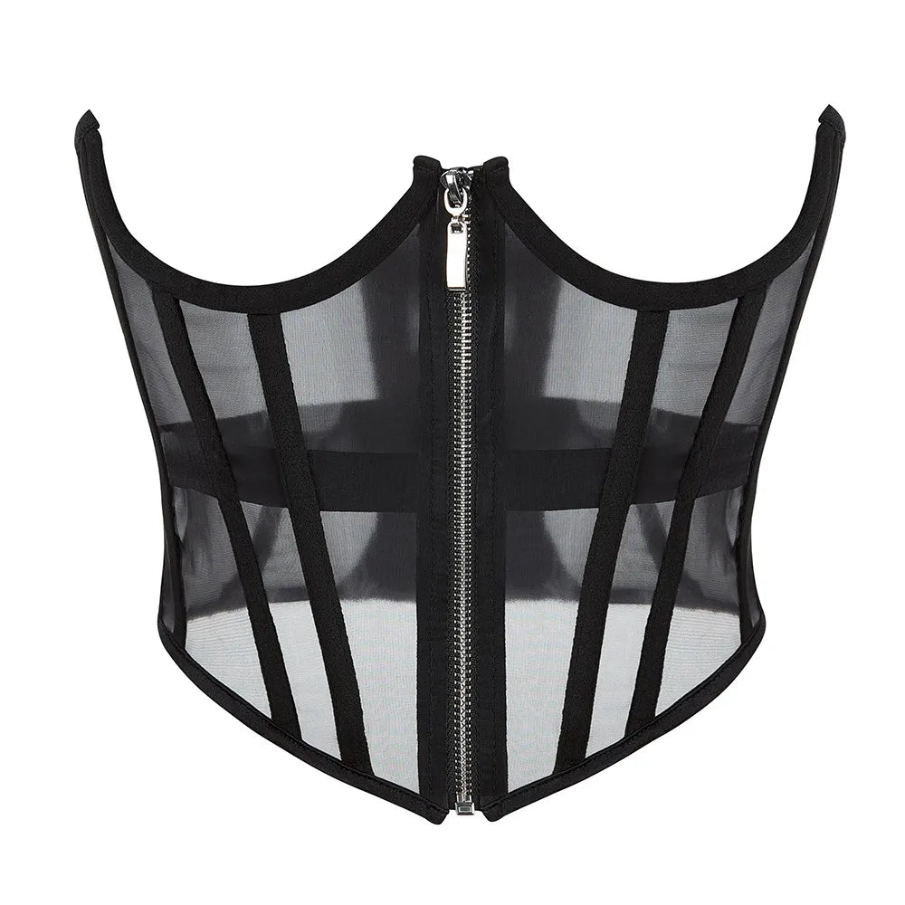 Transparent Sheer Mesh Underbust Corset Zipper Front Boned Waist Cincher Top