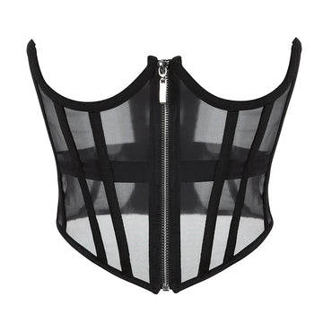 Transparent Sheer Mesh Underbust Corset Zipper Front Boned Waist Cincher Top