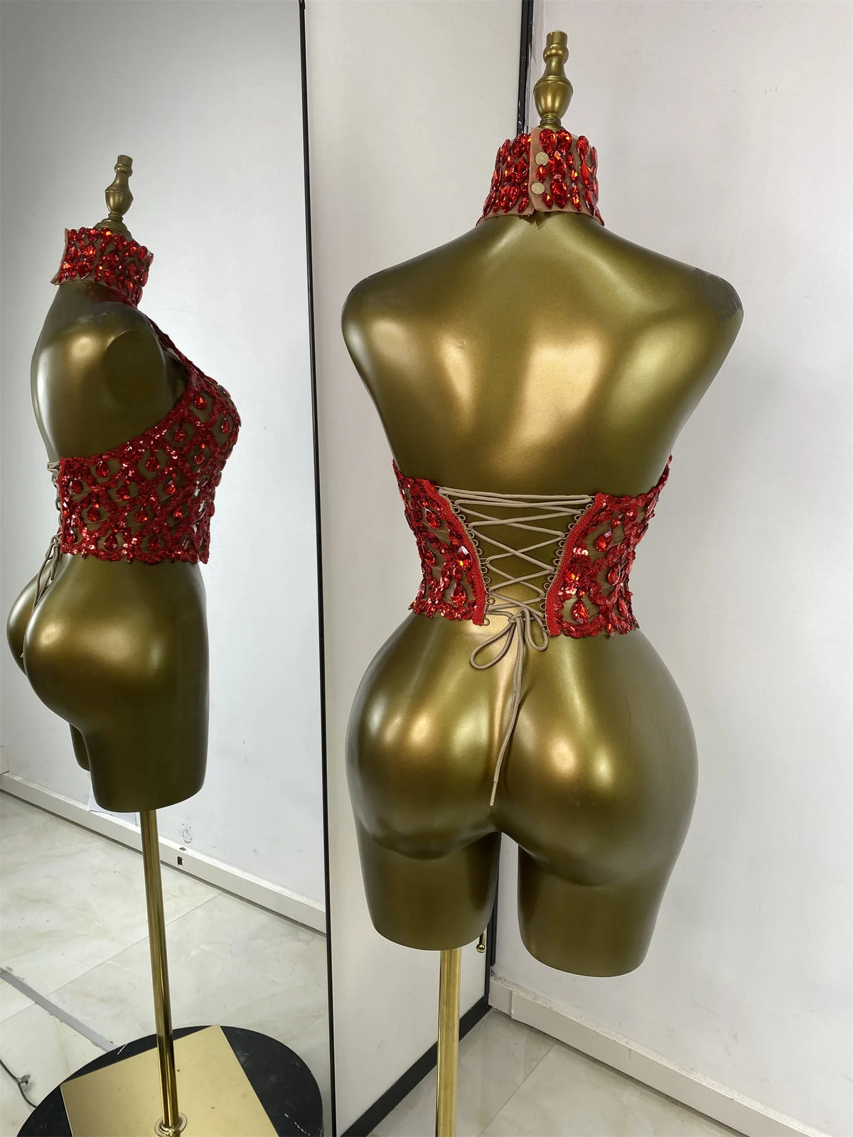 Sparkly Rhinestones Sequins Mesh Laced-Up Back Top