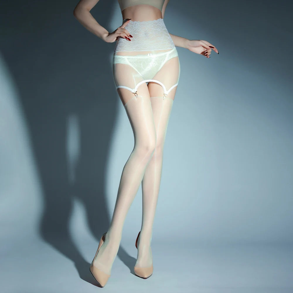 2-in-1 Oil Glossy 1D Sheer Garter Stockings with Lace Package Hip Skirt Tights Set