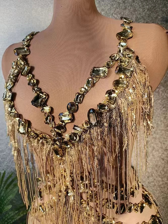 Sparkly Gold Sequin Rhinestone Stage Romper Sleeveless Jumpsuit Performance Costume