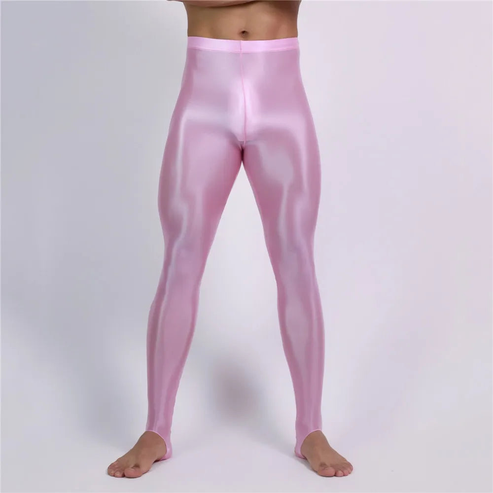 Men's Slim Tights Pencil Pants Stain Smooth  Oil Glossy Shiny Elastic Yoga Leggings Sheer See Through Full Pants Plus Size