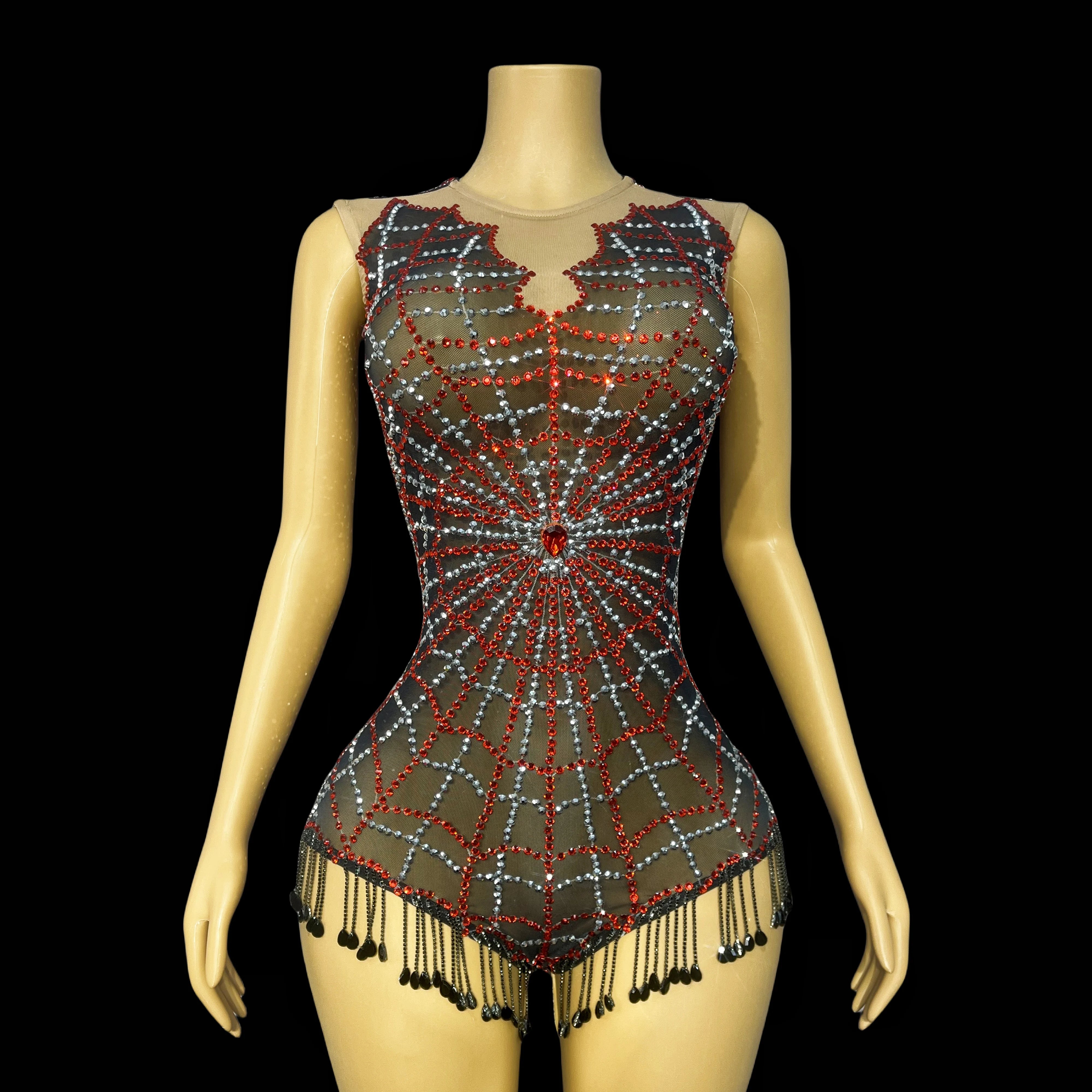 Spiderweb Rhinestone High-Cut Stage Bodysuit Halloween Dance Performance Leotard