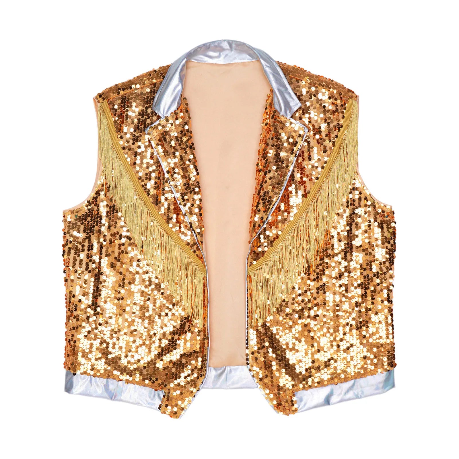 Men's Metallic Sequin Tassel Open-Front Vest Lapel Collar Sleeveless Stage Dance Waistcoat