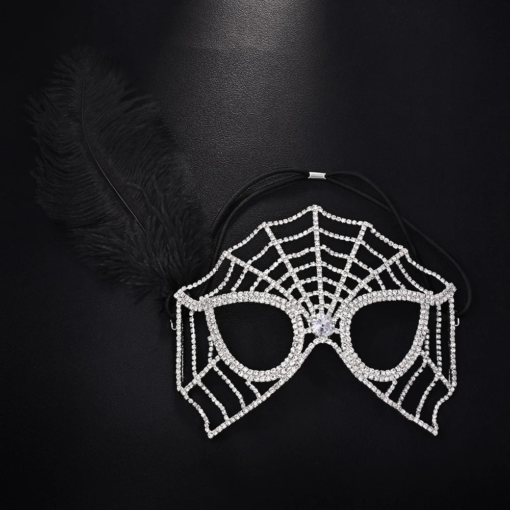 Black Feather Rhinestone Face Veil