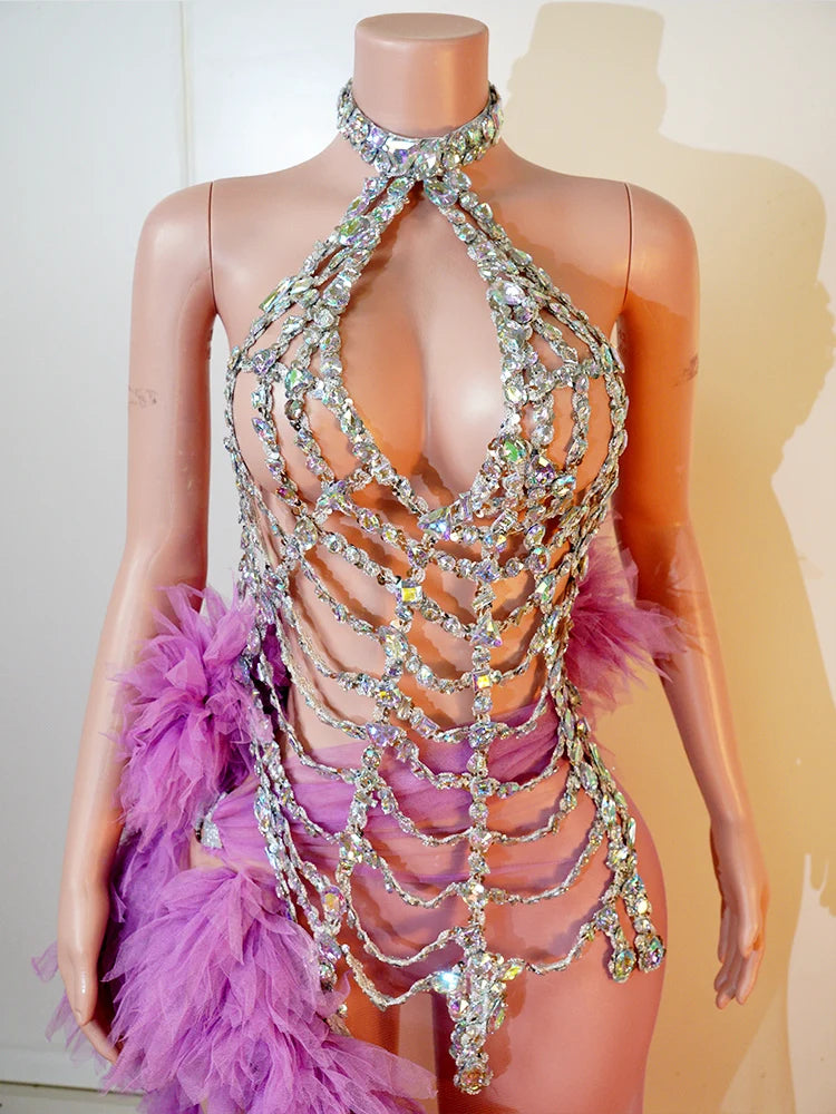 Purple Spiderweb Rhinestone Halter Bodysuit & Trailing Ruffle Tulle Skirt 2-Piece Stage Costume Set