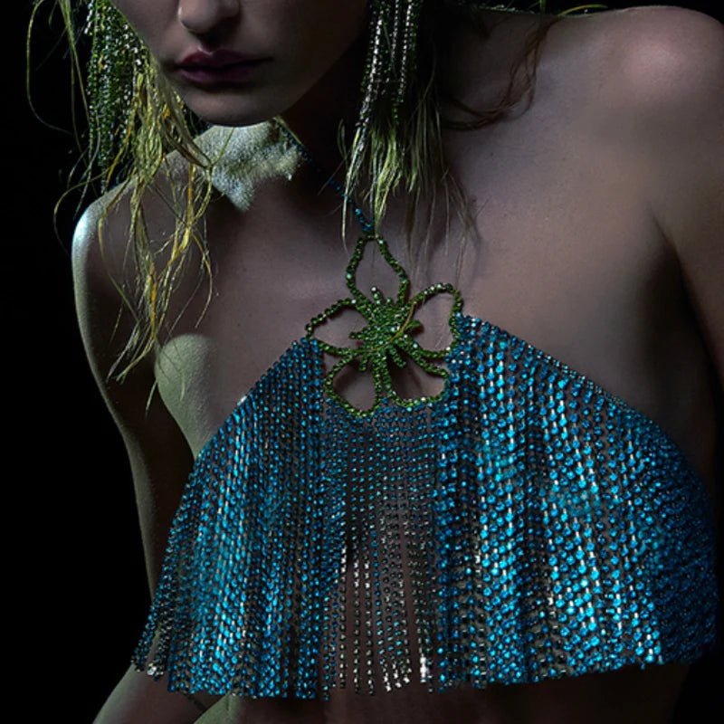 Rhinestone Tassel Flower Bralette Body Chain – Crystal Fringe Chest Harness Bra Chain in Gold or Silver