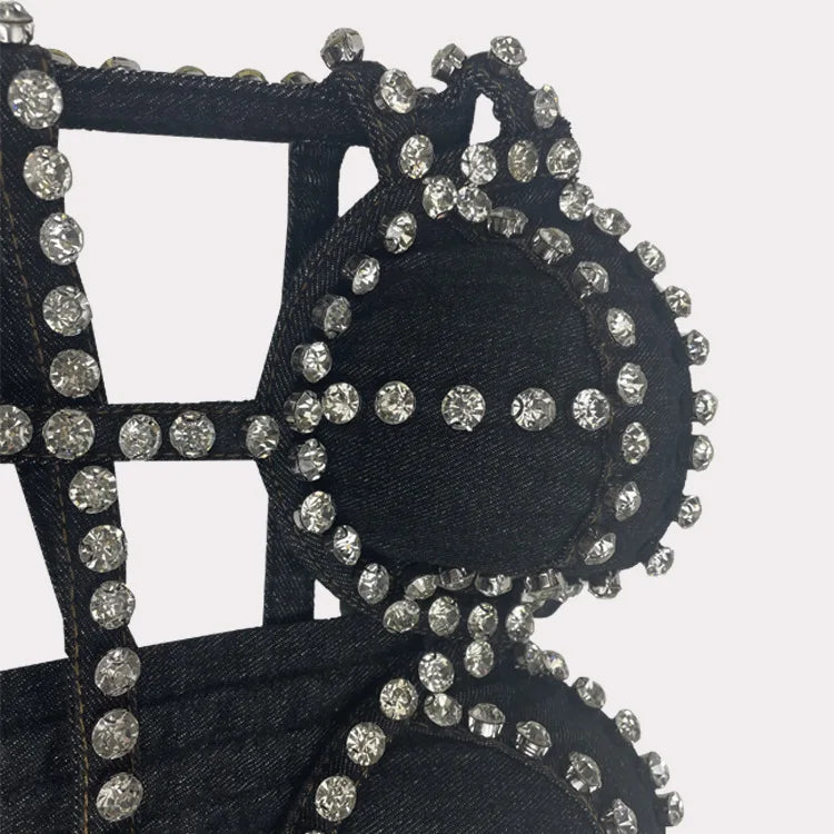Studded Denim Bustier Crop Top Studded Punk Style Stage Costume Top