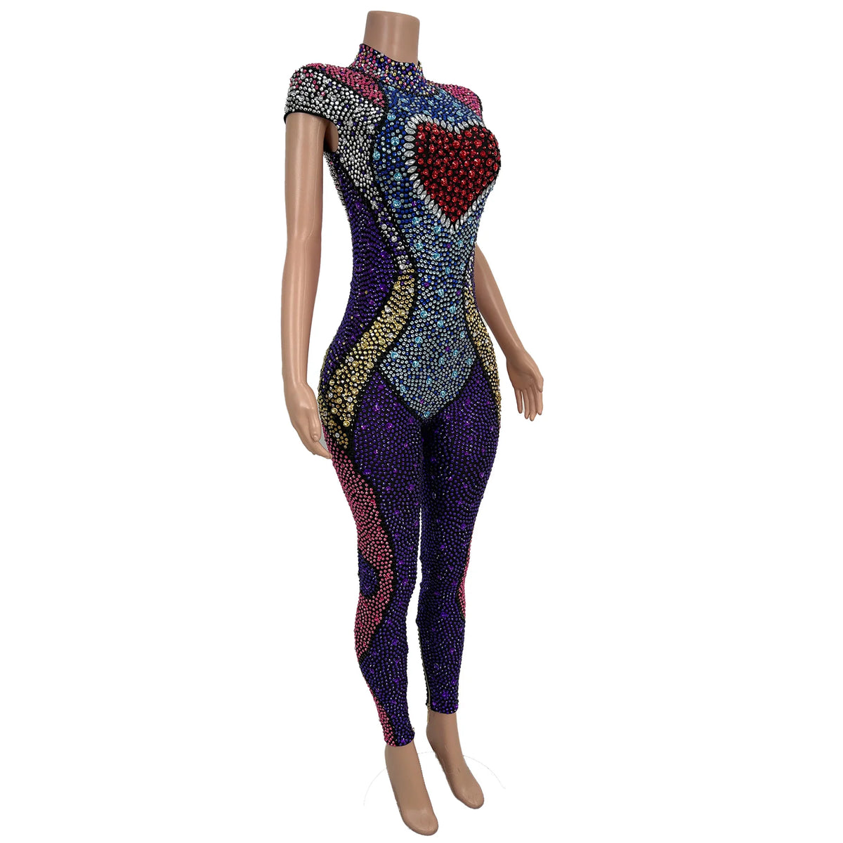 Women Sparkly Rhinestone Tight-Fitting Jumpsuit with Gloves Circus Stage Performance Costume