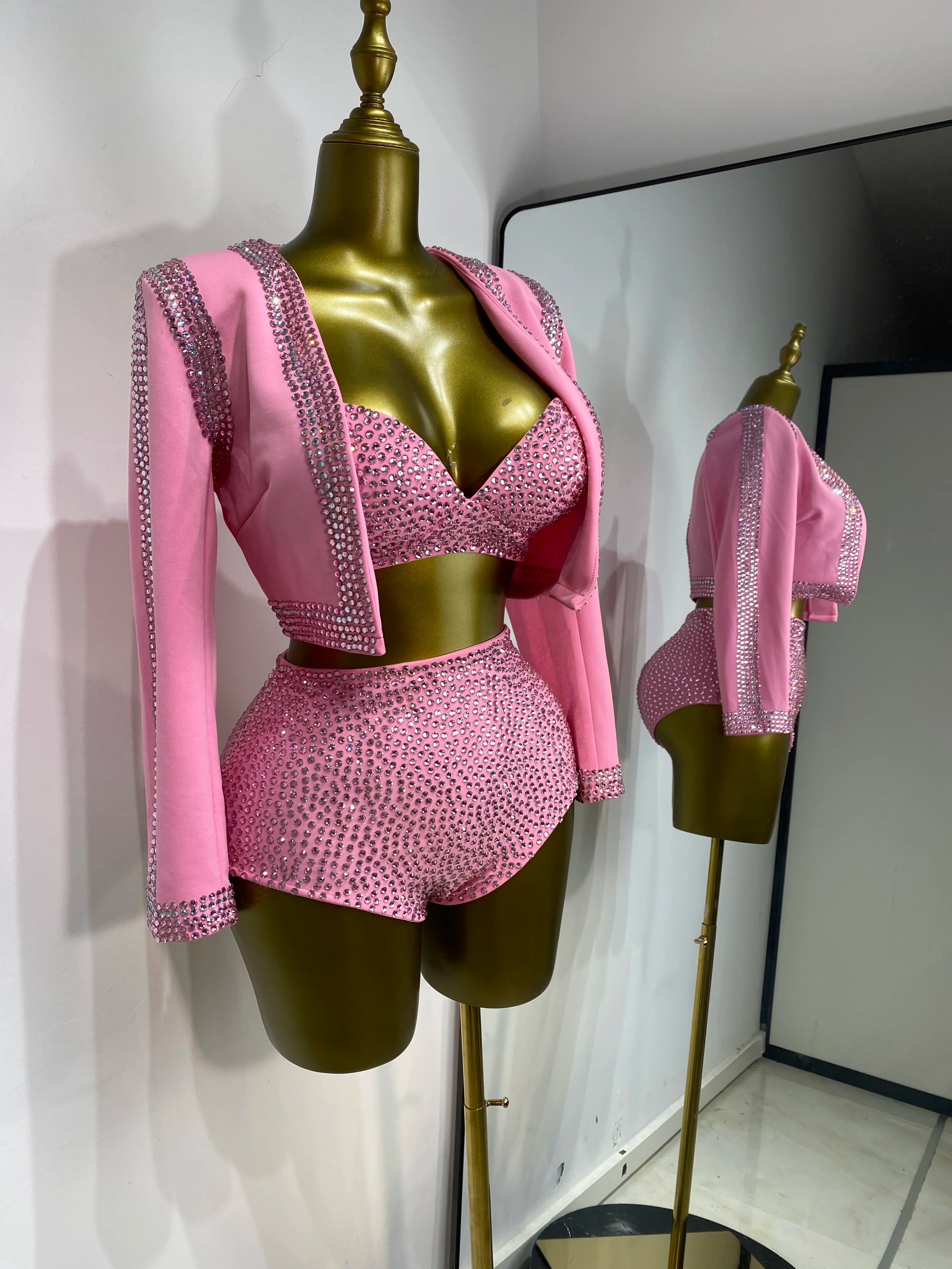 Rhinestone Bustier, High-Waist Mini Shorts & Cropped Jacket 3-Piece Performance Costume Set