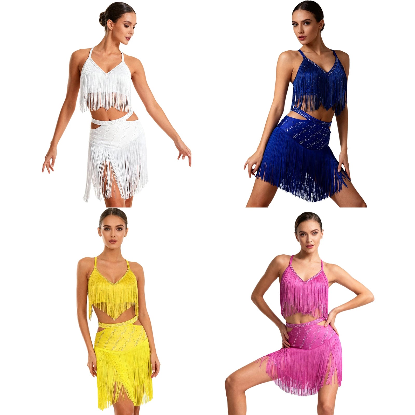 Sparkly Rhinestone & Tassel Fringe Two-Piece Latin Tango Dance Outfit Set
