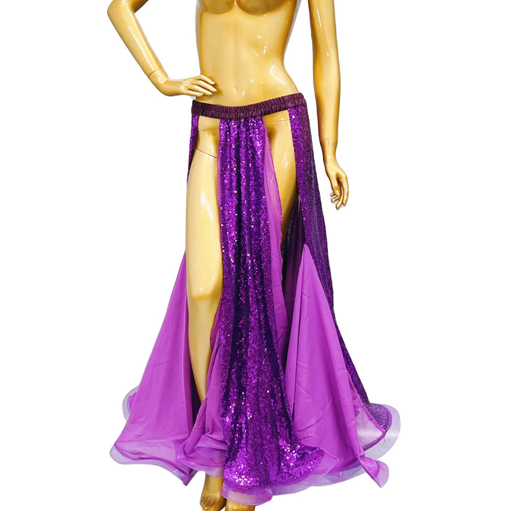Sparkly Sequined Appliqué Belly Dance Long Performance Skirt