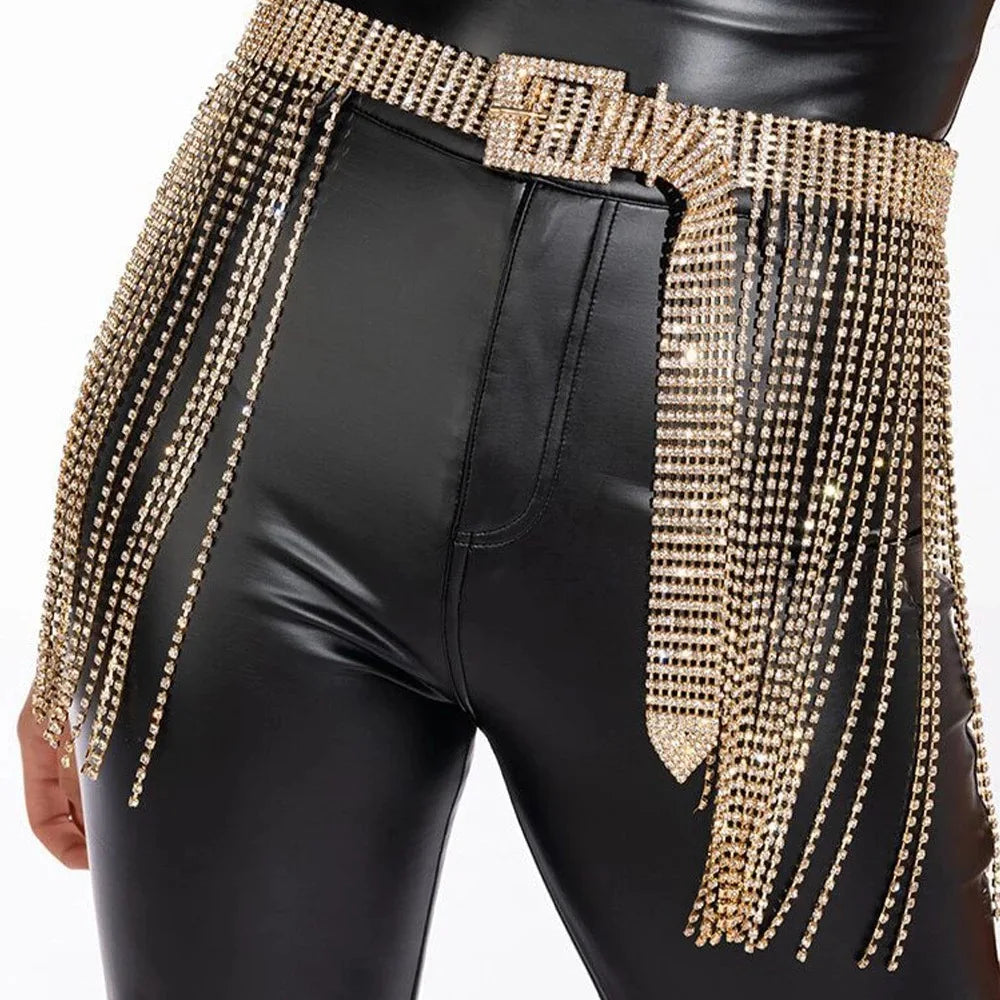 Rhinestone Buckle Tassel Waist Chain