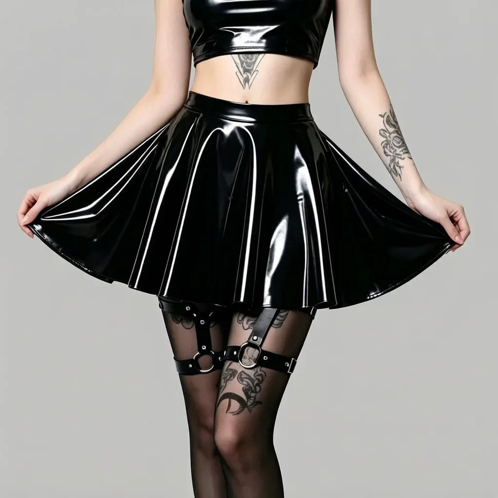 Fashion Women Gothic Style PU Skirt One Pieces Skirts PVC Shiny Flared Pleated  Mini A Line Skirts Street Maid Ruffled Skirt