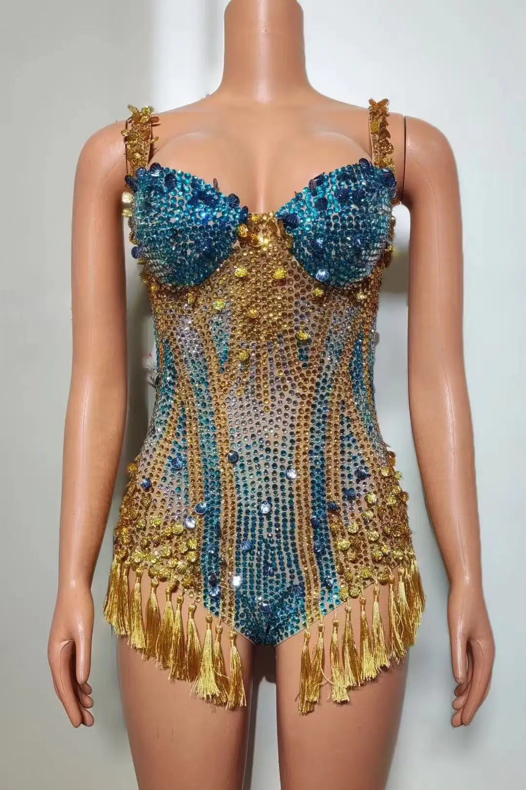Sparkly Rhinestone & Tassel Fringe Bodysuit Stage Performance Costume