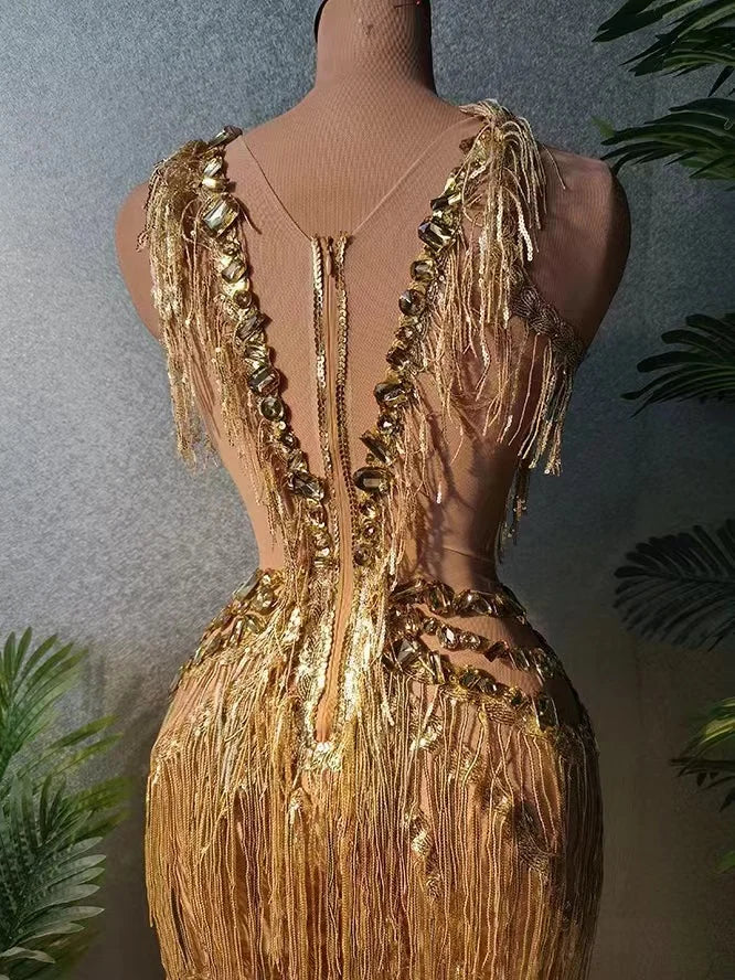 Sparkly Gold Sequin Rhinestone Stage Romper Sleeveless Jumpsuit Performance Costume