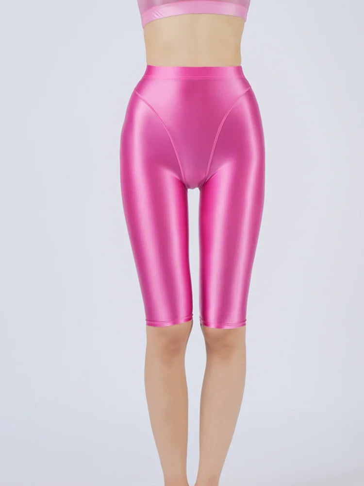 Oil Glossy High-Stretch Knee-Length Shorts Satin Shine Performance Biker Shorts