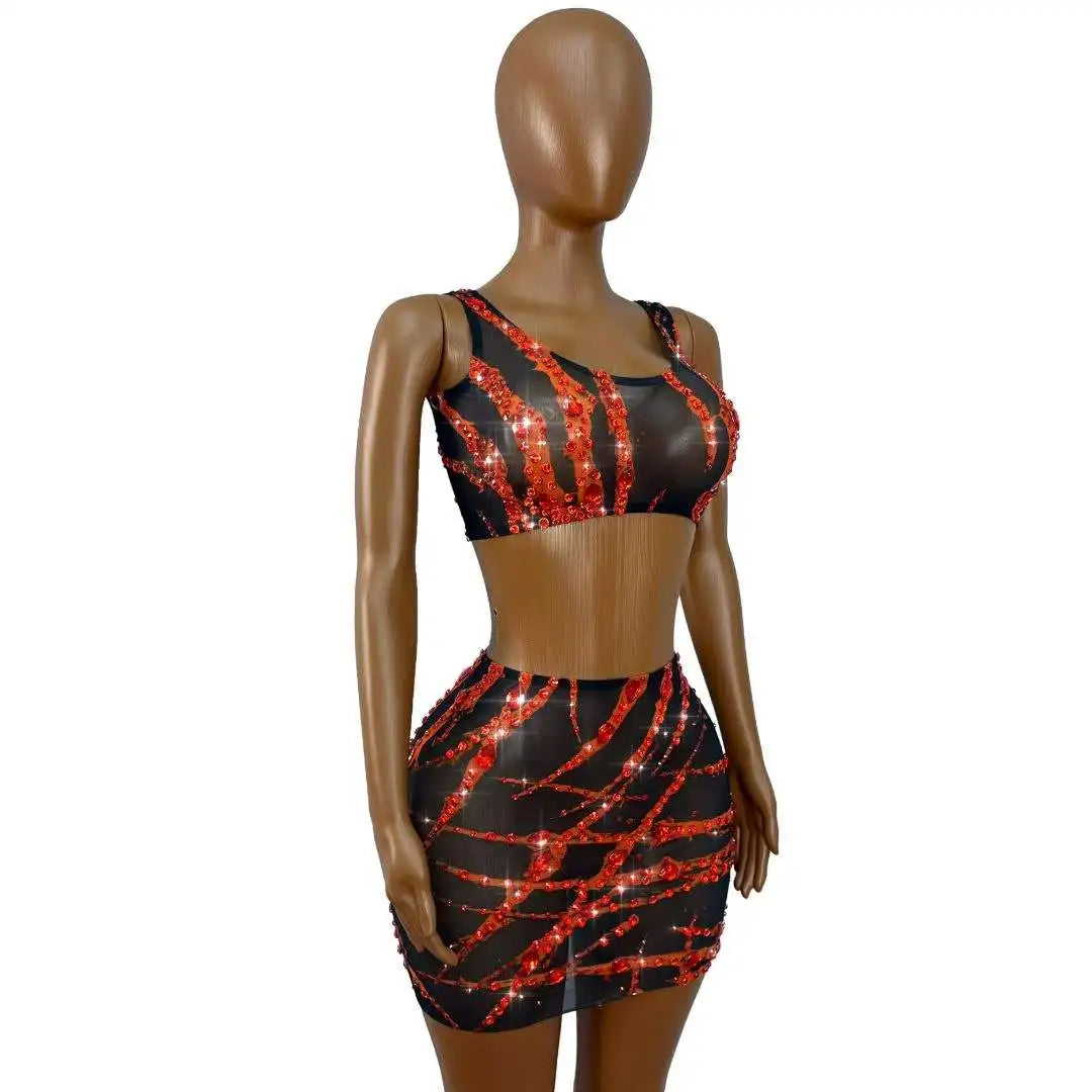 Women's Rhinestone Mesh Dress Set | Shining 2-Piece Stage Costume for Singer, Dancer & Party