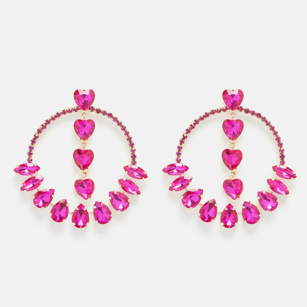 Oversized Pink Crystal Hoop Earrings Heart Pendant Drag Queen Stage Drop Jewelry