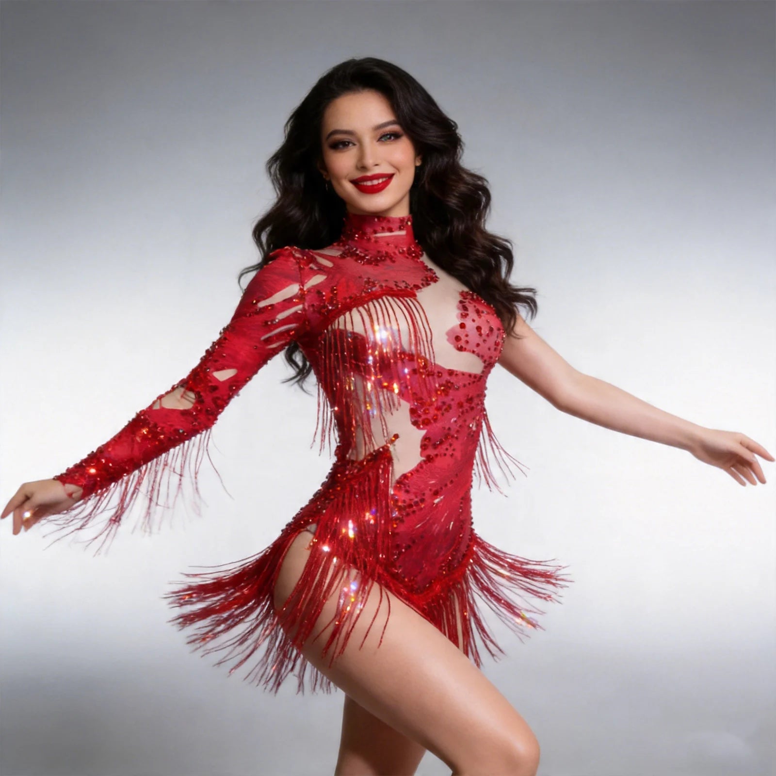 Leopard Sequin Fringe Asymmetrical Bodysuit One-Sleeve Stage Performance Costume