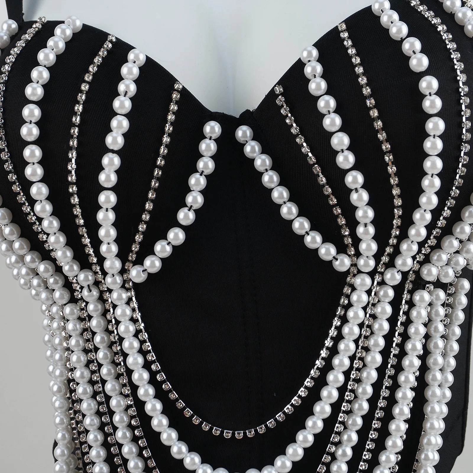 Pearl & Diamond Embroidery Chain Bustier Corset Crop Top Stage Party Bralette