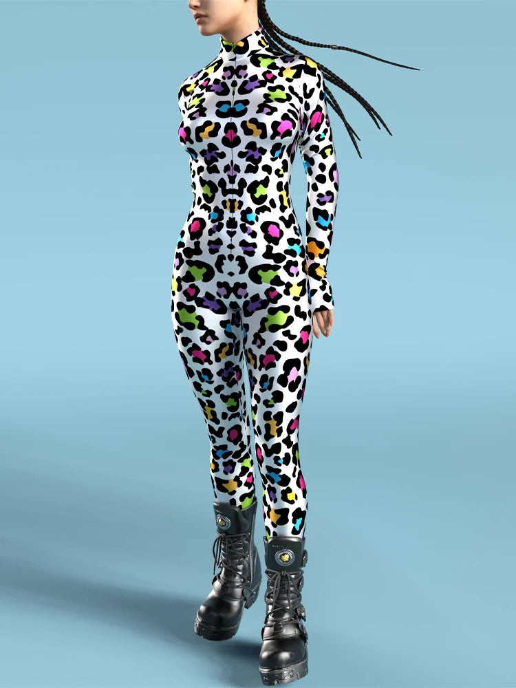 Rainbow Dalmatian Spot Print Zip Catsuit Colorful Spotted Cosplay Stage Jumpsuit