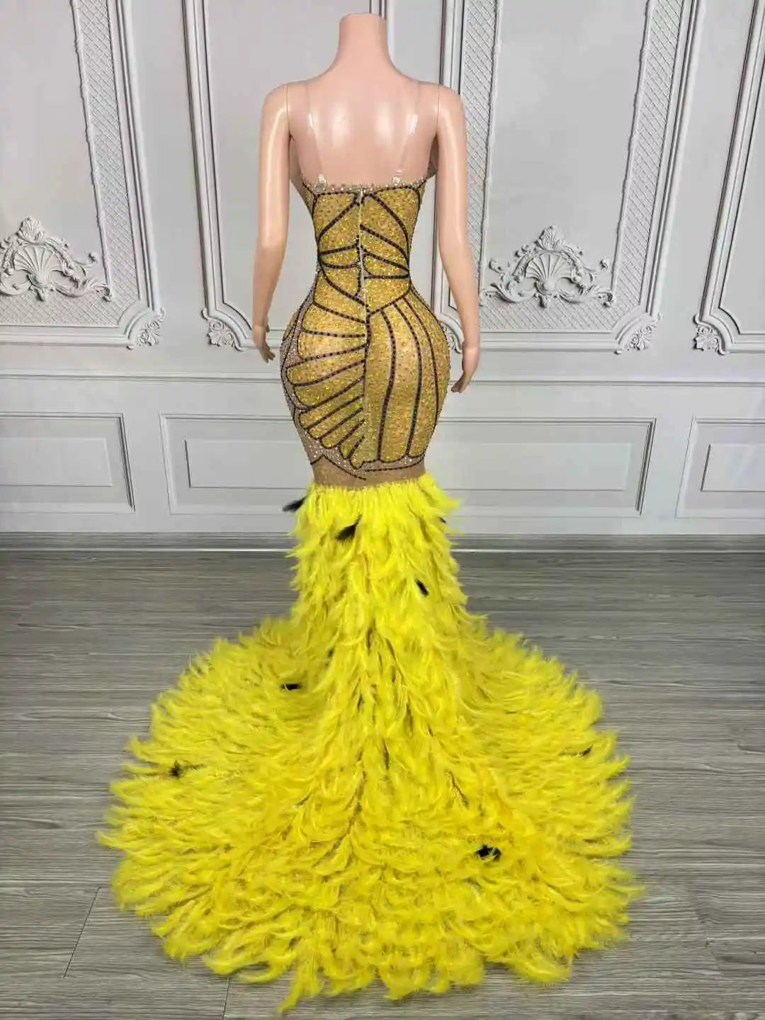 Women's Gold & Silver Crystal Mesh Feather Maxi Dress | Luxury Gown for Birthday, Prom & Stage