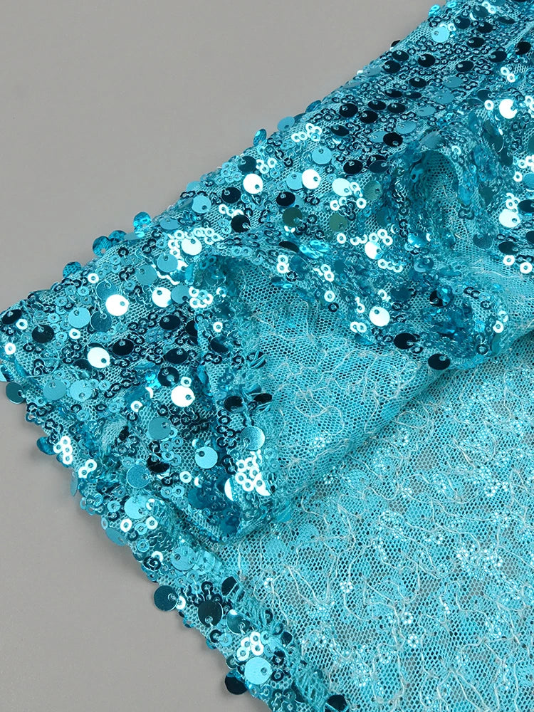 Cyan Sequin & Crystal Cross-Strap Gown