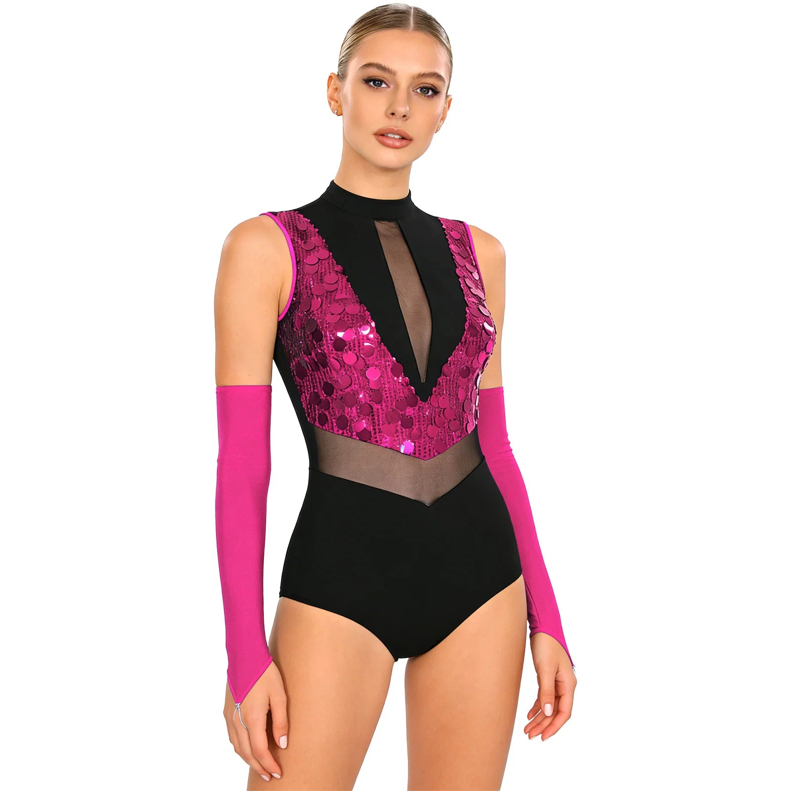 Sparkly Sequin Mock Neck Dance Leotard & Gloves Two-Piece Bodysuit Set